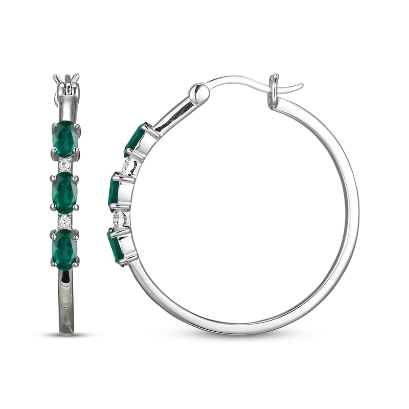 Main Image 3 of Oval-Cut Lab-Created Emerald & White Lab-Created Sapphire Hoop Earrings Sterling Silver