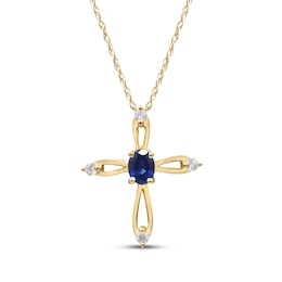 Oval-Cut Natural Blue Sapphire & Diamond Looping Cross Necklace 1/20 ct tw 10K Yellow Gold 18&quot;