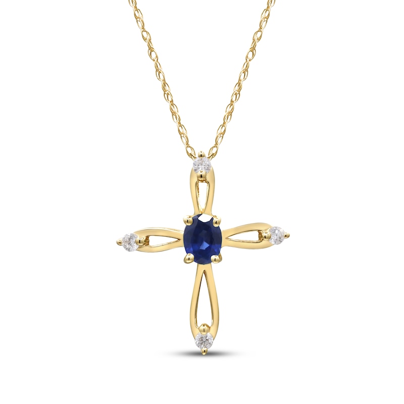 Main Image 1 of Oval-Cut Natural Blue Sapphire & Diamond Looping Cross Necklace 1/20 ct tw 10K Yellow Gold 18&quot;