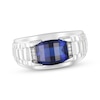 Thumbnail Image 1 of Men's Barrel-Cut Blue Lab-Created Sapphire & Diamond Accent Ring 10K White Gold