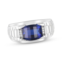 Men's Barrel-Cut Blue Lab-Created Sapphire & Diamond Accent Ring 10K White Gold