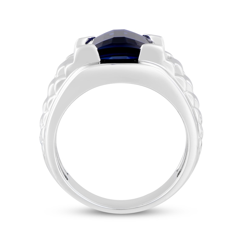 Main Image 3 of Men's Barrel-Cut Blue Lab-Created Sapphire & Diamond Accent Ring 10K White Gold