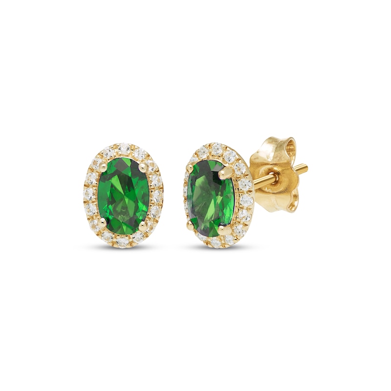 Main Image 1 of Oval-Cut Lab-Created Emerald & White Lab-Created Sapphire Halo Stud Earrings 10K Yellow Gold