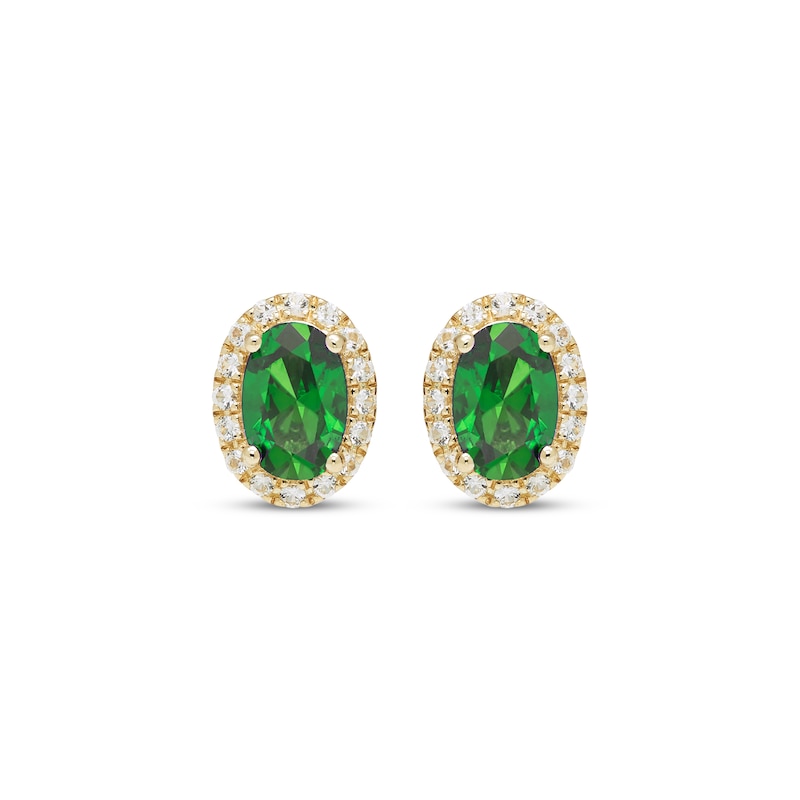 Main Image 2 of Oval-Cut Lab-Created Emerald & White Lab-Created Sapphire Halo Stud Earrings 10K Yellow Gold