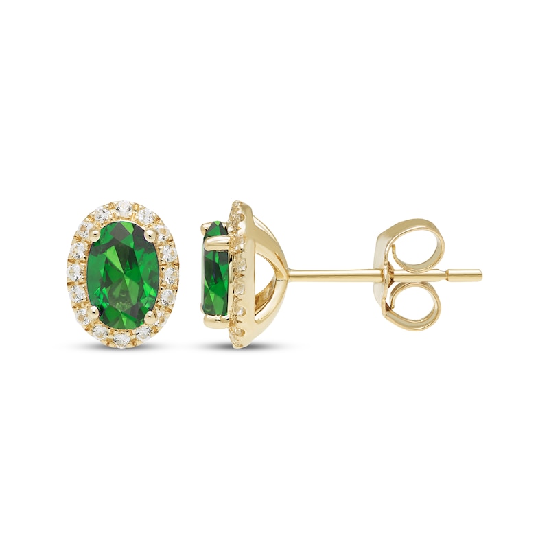 Main Image 3 of Oval-Cut Lab-Created Emerald & White Lab-Created Sapphire Halo Stud Earrings 10K Yellow Gold