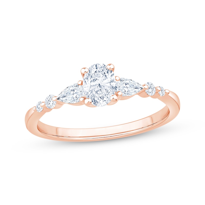 Main Image 1 of Lab-Grown Diamonds by KAY Oval-Cut & Pear-Shaped Three-Stone Engagement Ring 5/8 ct tw 14K Rose Gold