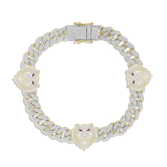 Men's Diamond & Lab-Created Ruby Tiger Head Bracelet 1-1/4 ct tw 10K Yellow Gold 8.5"