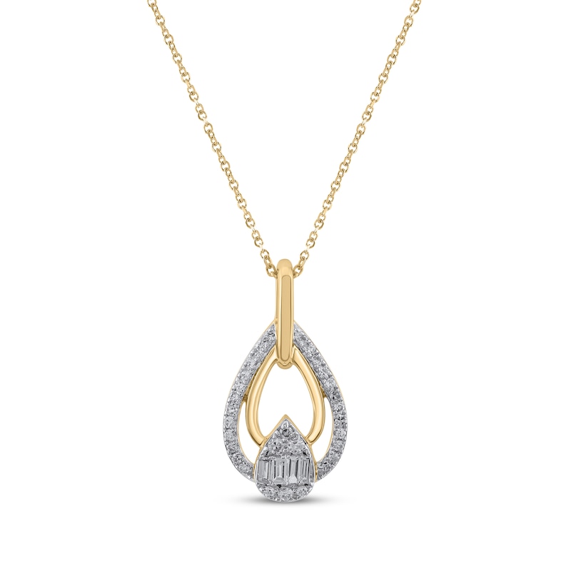 Main Image 1 of Baguette & Round-Cut Diamond Triple Teardrop Necklace 1/5 ct tw 10K Yellow Gold 18&quot;