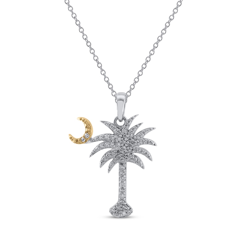 Main Image 1 of Diamond Palm Tree & Moon Necklace 1/10 ct tw Sterling Silver & 10K Yellow Gold 18&quot;