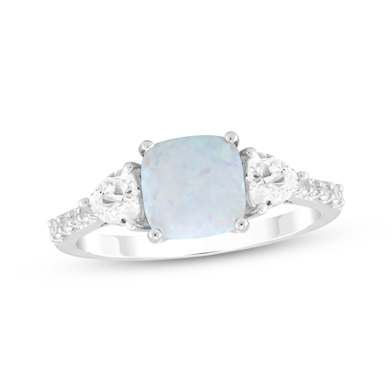 Cushion-Cut Lab-Created Opal & White Lab-Created Sapphire Ring Sterling Silver