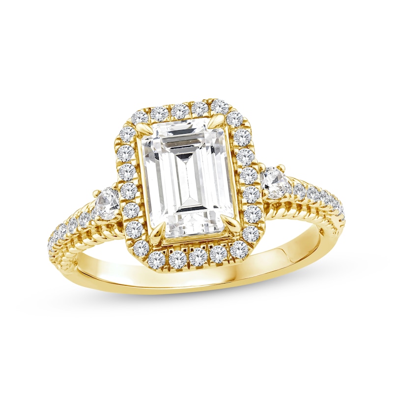 Main Image 1 of Threads of Love Emerald-Cut Lab-Grown Diamond Halo Engagement Ring 2-1/2 ct tw 14K Yellow Gold