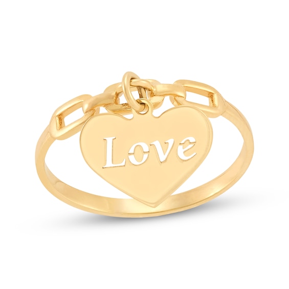 "Love" Heart Dangle Chain Link Ring 10K Yellow Gold