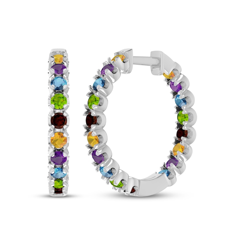 Main Image 1 of Garnet, Citrine, Amethyst, Peridot & Swiss Blue Topaz Inside-Out Hoop Earrings Sterling Silver