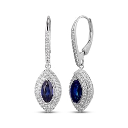 Marquise-Cut Blue Lab-Created Sapphire & White Lab-Created Sapphire Double Halo Drop Earrings Sterling Silver