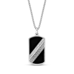 Men's Black Onyx & Diamond Dog Tag Necklace 1/4 ct tw Sterling Silver 24&quot;