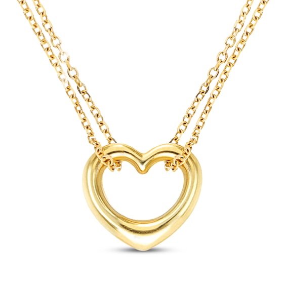 Puffed Open Heart Double Chain Necklace 10K Yellow Gold 18"