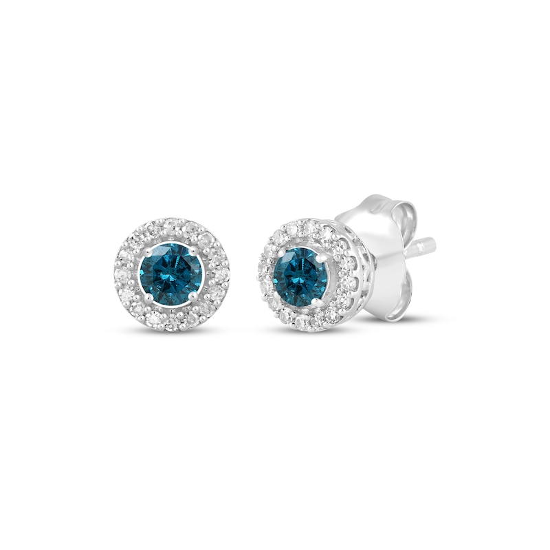 Main Image 1 of Blue & White Diamond Halo Stud Earrings 1/3 ct tw Sterling Silver