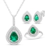 Thumbnail Image 1 of Pear-Shaped Lab-Created Emerald & White Lab-Created Sapphire Halo Gift Set Sterling Silver