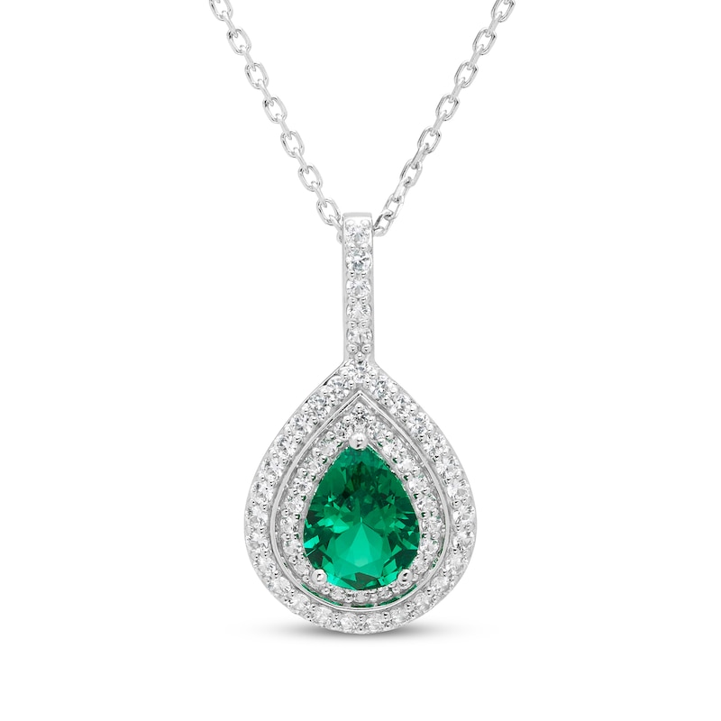 Main Image 2 of Pear-Shaped Lab-Created Emerald & White Lab-Created Sapphire Halo Gift Set Sterling Silver