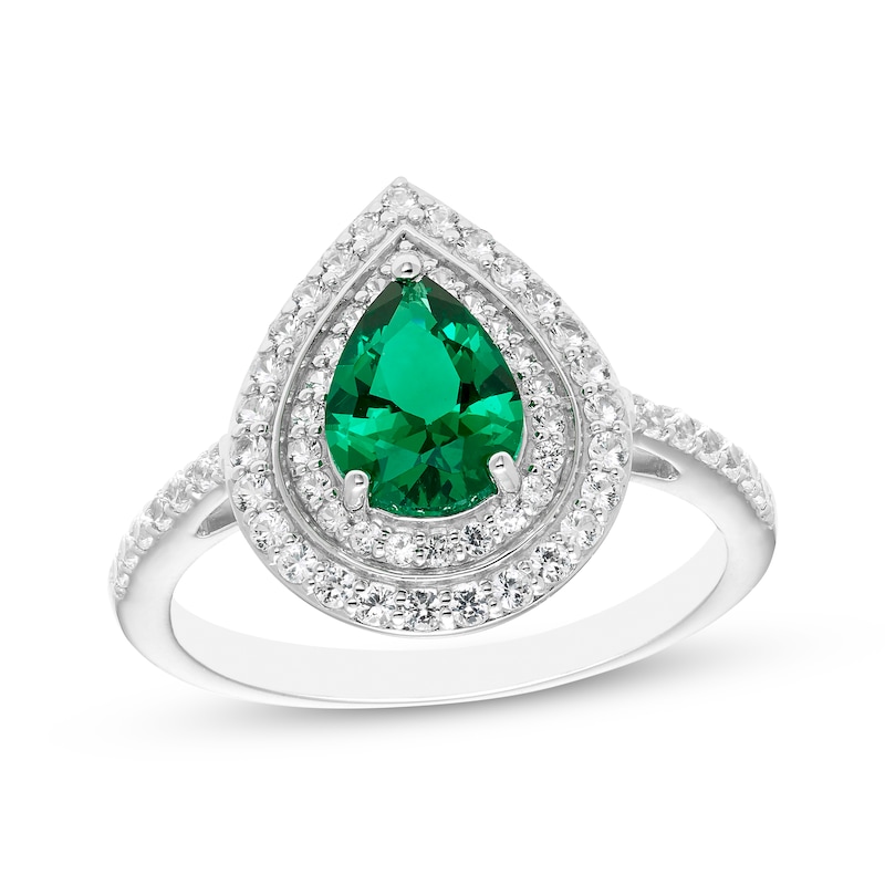 Main Image 3 of Pear-Shaped Lab-Created Emerald & White Lab-Created Sapphire Halo Gift Set Sterling Silver