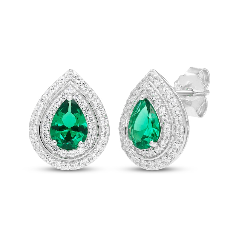 Main Image 4 of Pear-Shaped Lab-Created Emerald & White Lab-Created Sapphire Halo Gift Set Sterling Silver