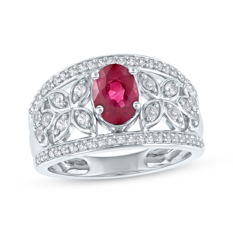 Main Image 1 of Oval-Cut Lab-Created Ruby & White Lab-Created Sapphire Filigree Ring Sterling Silver