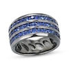 Thumbnail Image 1 of Men's Blue Lab-Created Sapphire Three-Row Ring Grey Rhodium-Plated Sterling Silver