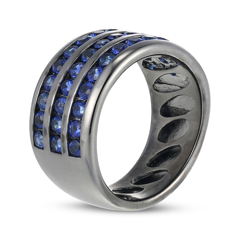 Main Image 2 of Men's Blue Lab-Created Sapphire Three-Row Ring Grey Rhodium-Plated Sterling Silver