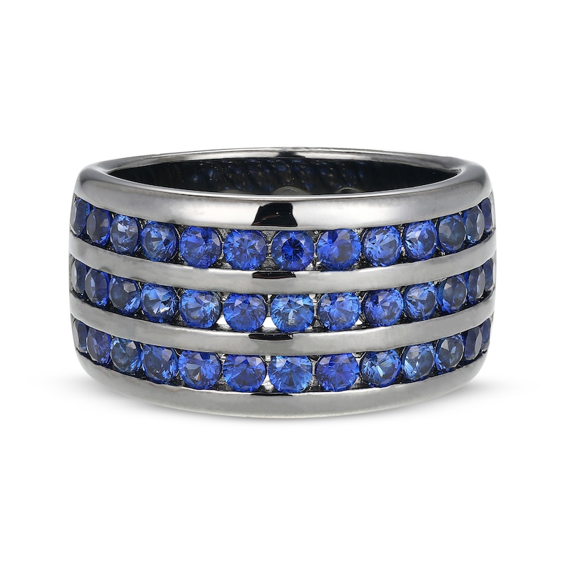 Main Image 3 of Men's Blue Lab-Created Sapphire Three-Row Ring Grey Rhodium-Plated Sterling Silver