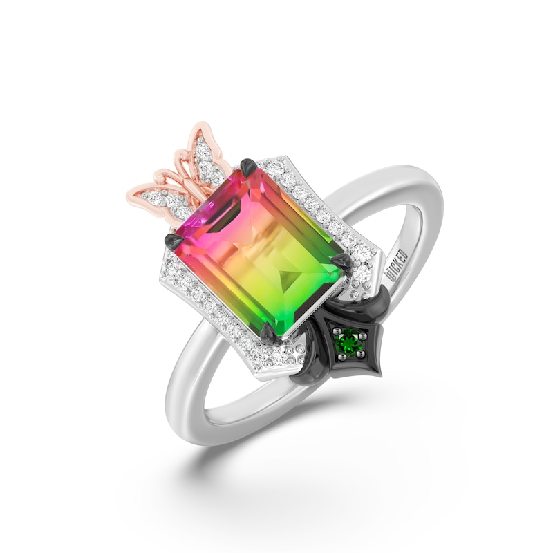 Main Image 1 of Wicked Octagon-Cut Watermelon Quartz, Green Tourmaline & Diamond Ring 1/10 ct tw Sterling Silver & 10K Rose Gold