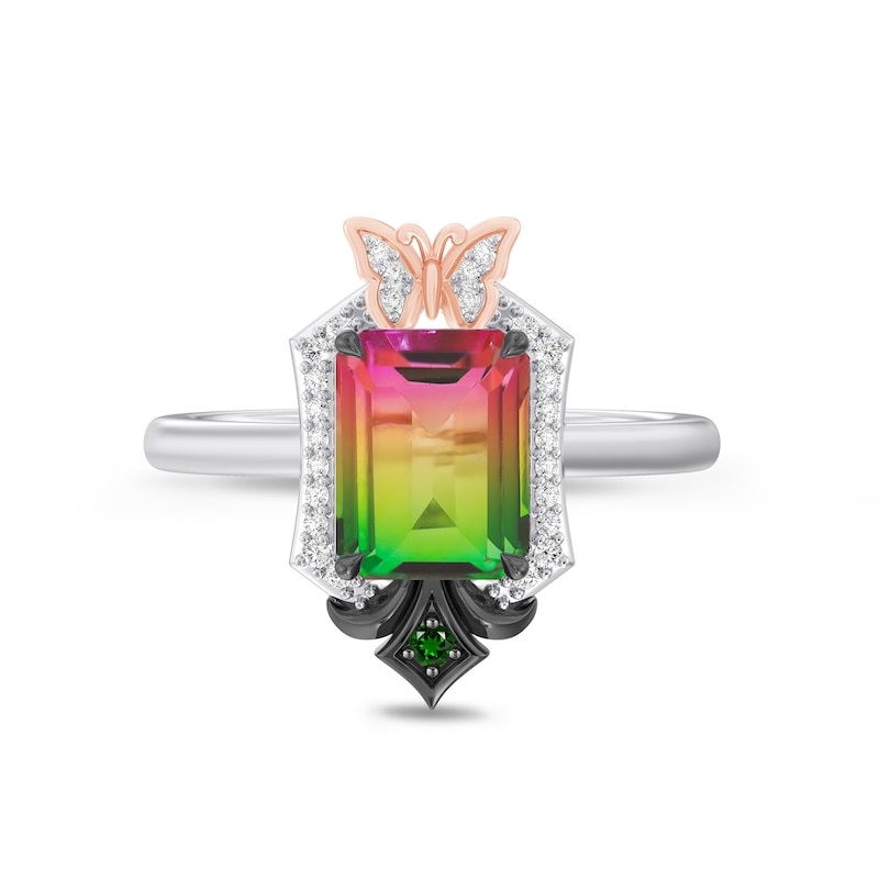 Main Image 2 of Wicked Octagon-Cut Watermelon Quartz, Green Tourmaline & Diamond Ring 1/10 ct tw Sterling Silver & 10K Rose Gold