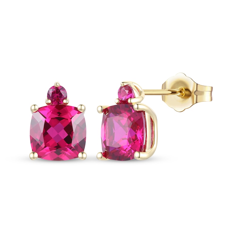 Main Image 1 of Cushion & Round-Cut Lab-Created Ruby Stud Earrings 10K Yellow Gold