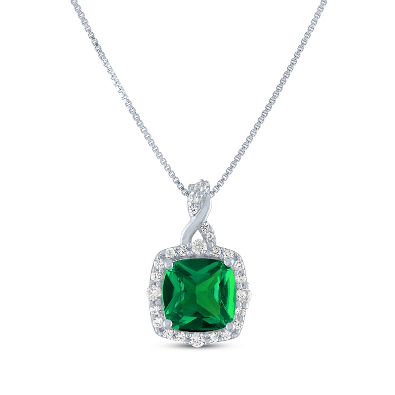 Main Image 1 of Cushion-Cut Lab-Created Emerald & White Lab-Created Sapphire Twist Necklace Sterling Silver 18&quot;