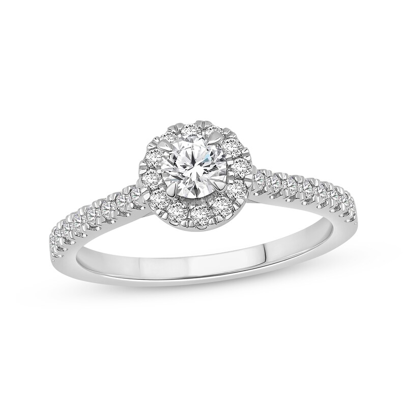 Main Image 1 of Round-Cut Diamond Halo Engagement Ring 3/4 ct tw 14K White Gold