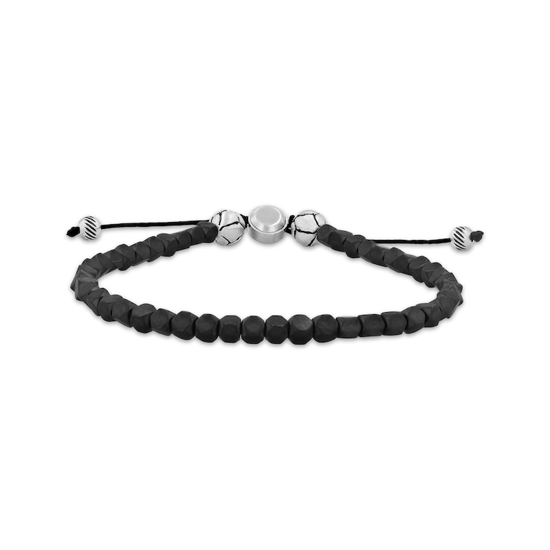 Men's Black Onyx Beaded Bolo Bracelet Stainless Steel