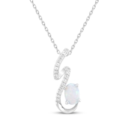 Oval-Cut Lab-Created Opal & White Lab-Created Sapphire Swirl Necklace Sterling Silver 18&quot;