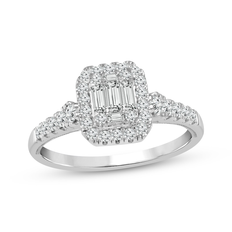 Main Image 1 of Baguette & Round-Cut Multi-Diamond Halo Engagement Ring 1/2 ct tw 14K White Gold