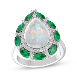 Pear-Shaped Lab-Created Opal, Lab-Created Emerald & White Lab-Created Sapphire Ring Sterling Silver