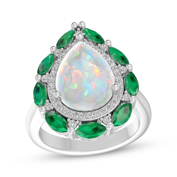 Pear-Shaped Lab-Created Opal, Lab-Created Emerald & White Lab-Created Sapphire Ring Sterling Silver