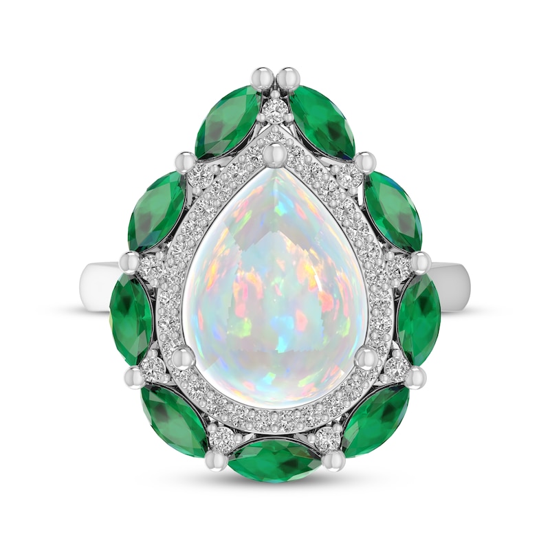 Main Image 3 of Pear-Shaped Lab-Created Opal, Lab-Created Emerald & White Lab-Created Sapphire Ring Sterling Silver