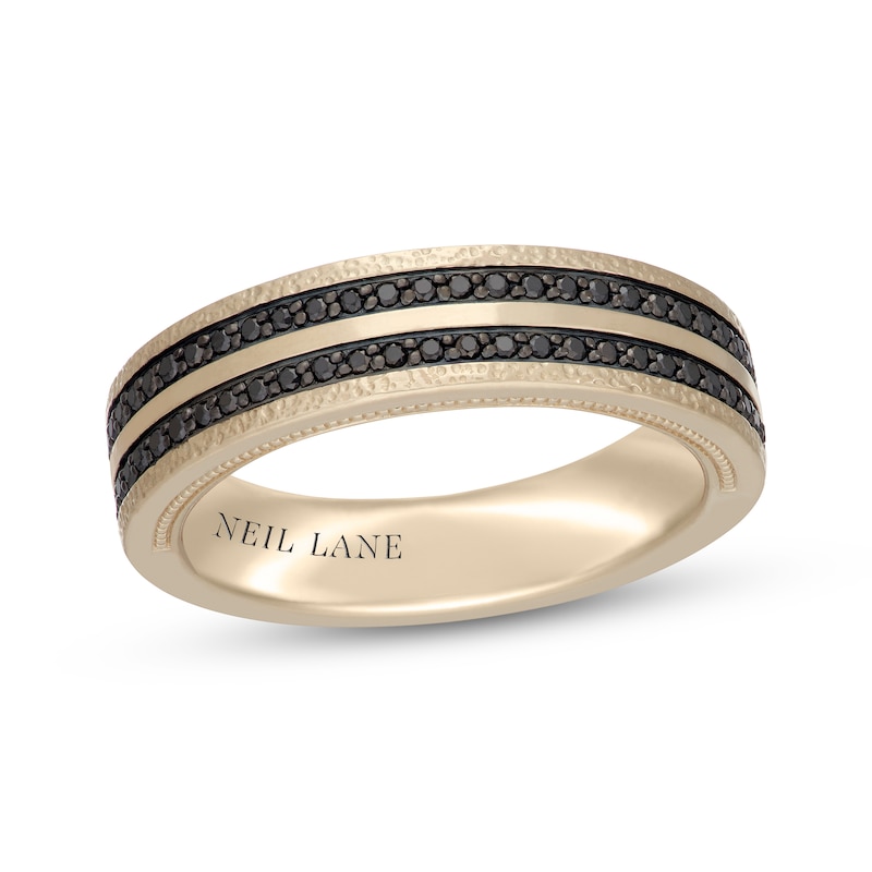 Main Image 1 of Neil Lane Men’s Black Diamond Hammered Wedding Band 1/3 ct tw 14K Yellow Gold