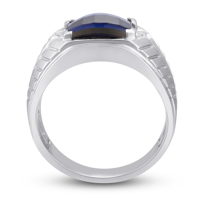 Main Image 2 of Men's Blue Lab-Created Sapphire & Diamond Ring 10K White Gold