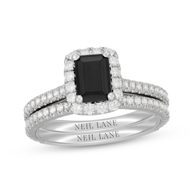 Main Image 1 of Neil Lane Emerald-Cut Black Diamond & White Diamond Halo Bridal Set 1-5/8 ct tw 14K White Gold