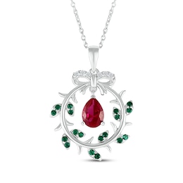 Pear-Shaped Lab-Created Ruby, Lab-Created Emerald & White Lab-Created Sapphire Wreath Necklace Sterling Silver 18&quot;