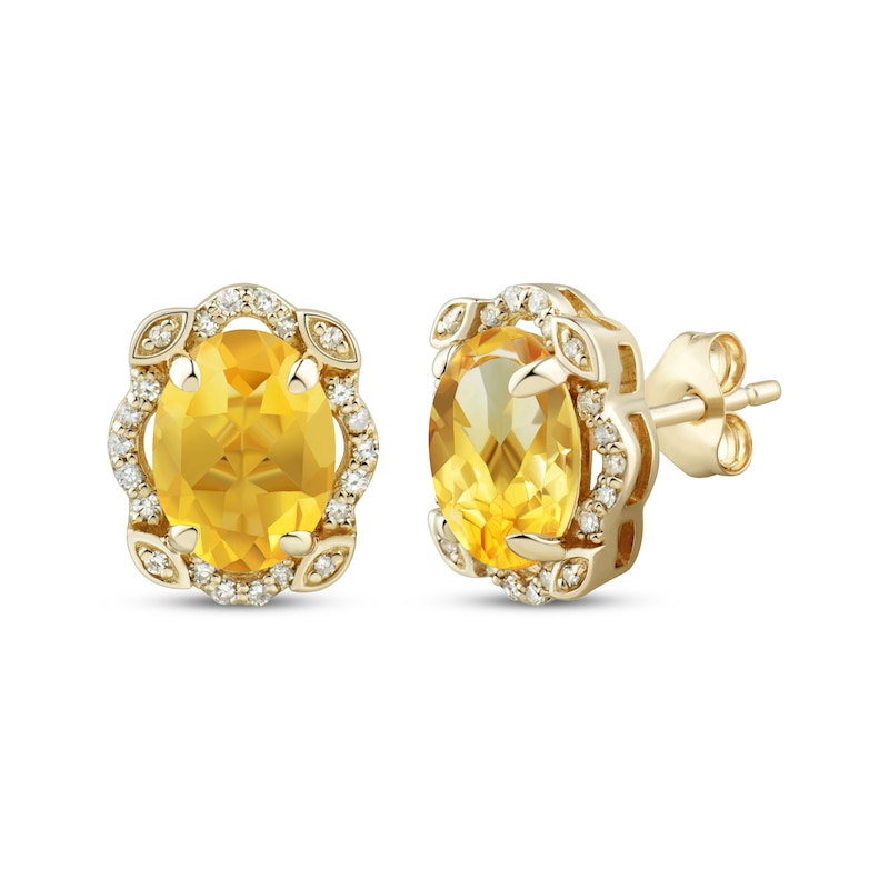 Main Image 1 of Oval-Cut Citrine & Diamond Scallop Frame Stud Earrings 1/8 ct tw 10K Yellow Gold