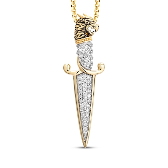 Men's Black & White Diamond Dragon Head Dagger Necklace 3/8 ct tw 10K Yellow Gold 22"