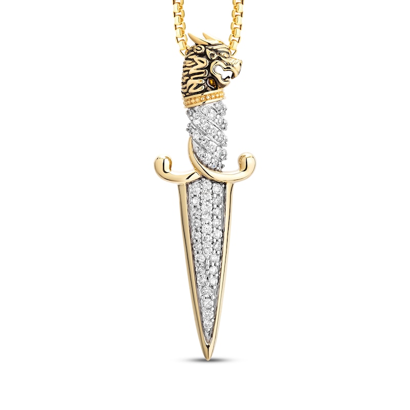 Men's Black & White Diamond Dragon Head Dagger Necklace 3/8 ct tw 10K Yellow Gold 22"