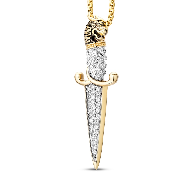 Men's Black & White Diamond Dragon Head Dagger Necklace 3/8 ct tw 10K Yellow Gold 22"