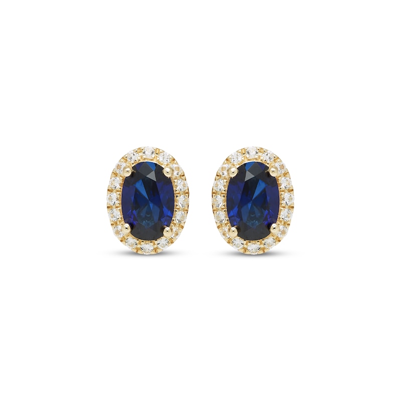 Main Image 2 of Oval-Cut Blue Lab-Created Sapphire & White Lab-Created Sapphire Halo Stud Earrings 10K Yellow Gold