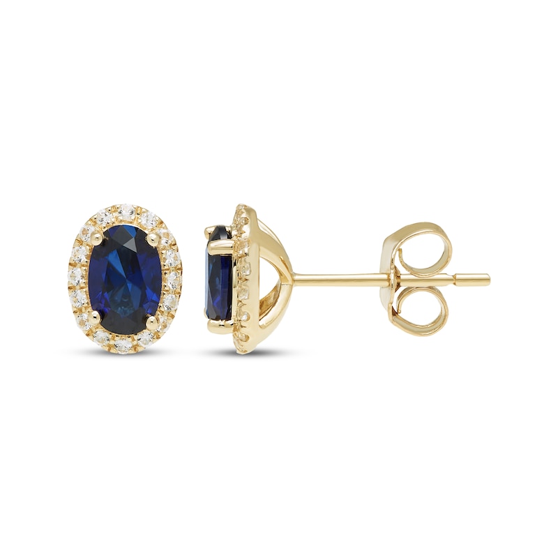 Main Image 3 of Oval-Cut Blue Lab-Created Sapphire & White Lab-Created Sapphire Halo Stud Earrings 10K Yellow Gold